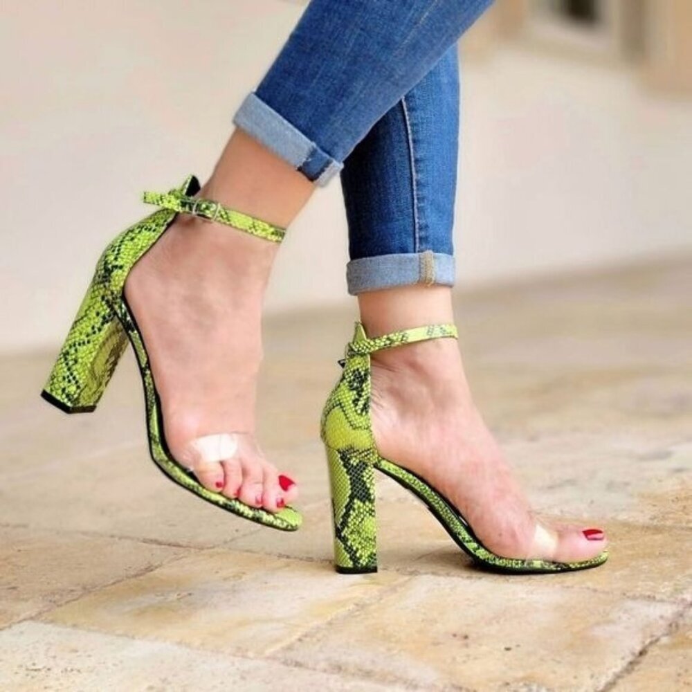 Neon Snakeskin Chunky Heel Sandals Women's Ankle Strap Open Round Toe Padded - Picture 2 of 6